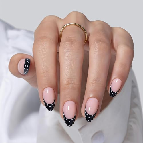 Cosblisvia Press On Nails Short Almond False Nails, Reusable Fake Nails with Glue for Busy Mums, Professionals, Students, Daily Wear, Office, Date Night (Black French)