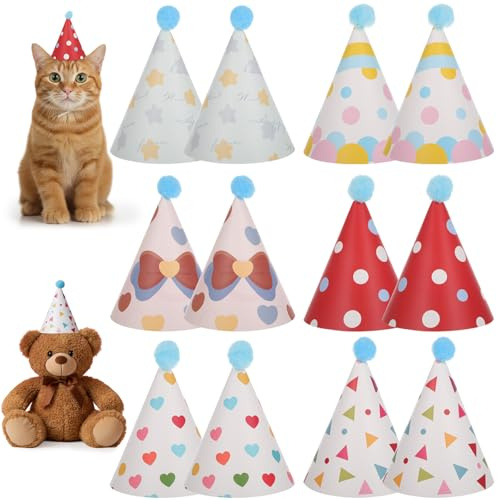 Partyhüte für Kuscheltiere 12 Stück, Katzen und Hundepartyhüte mit Pompons | Papierkegel-Hut Kopfbedeckung Feier für Kätzchen, Kaninchen, Kleine Kuscheltiere und Haustiere