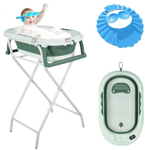 Faltbare Babybadewanne auf Fuß, Badewanne mit Ständer, bequeme faltbare Babywanne mit integriertem Baby-Badekissen und integriertem Thermometer für Neugeborene und Kleinkinder (grün)