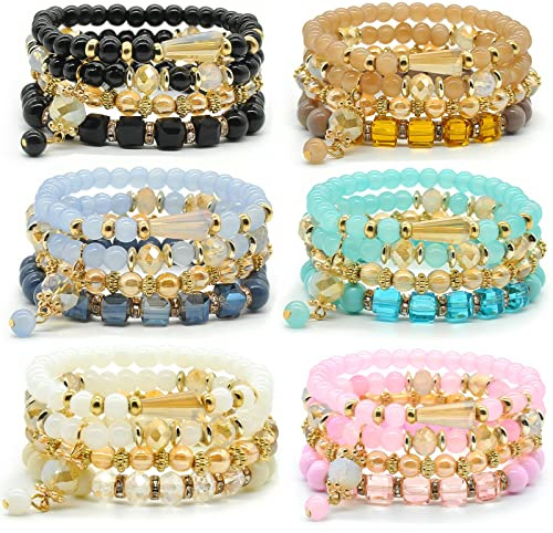 Bohemian Bracelet Sets for Women - 6 Sets Stackable Stretch Bracelets Multi-color Boho Hippie Bracelets Dainty Jewelry (Seed bead bracelet sets)