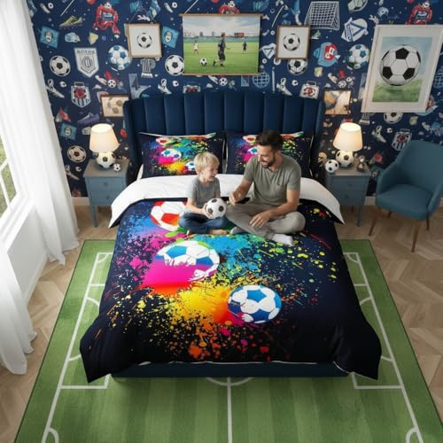 Loussiesd Sport Bedding Set for Girls Boys Children Kids Football Bedding & Linen Sports Games Duvet Cover Set Bright Vibrant Soccer Ball Bedspread Cover King Size Bedding Collection