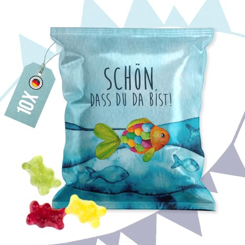 Fruchtgummi Tütchen, 10 kleine Gastgeschenke für Taufe, Konfirmation, Kommunion, Süßigkeiten, Hergestellt in der EU, 7 x 9 cm