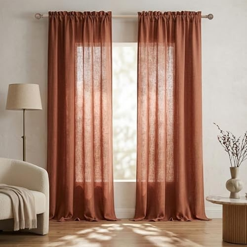 Terrakotta-Vorhänge, 213 cm lang für Wohnzimmer, 2 Paneele mit Stangentasche, Leinen, lichtdurchlässig, halbtransparent, bodenlang, Rostrot, für Schlafzimmer, Esszimmer, Boho-Deko, verbranntes Orange