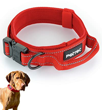 PetTec Hundehalsband aus Neopren & Nylon, Halsband mit Griff für kleine & große Hunde weich gepolstert (S-XL), äußerst robust & wasserabweisend, verstellbar, rot