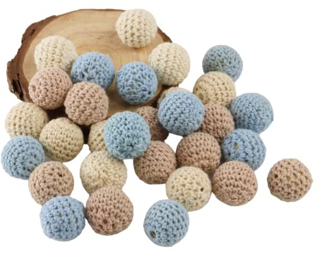 Artlatu 30 Perline Colorate All'Uncinetto, 20 mm, Perline Rotonde All'Uncinetto, Con Foro Da Infilare, Realizzate A Mano, Sfere Di Legno Naturale, Per Gioielli Fai Da Te, Decorazioni E Bracciali