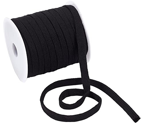 BENECREAT 25 m/27.34 Yards Schwarze Flache Ersatz-Baumwollkordeln, 8 mm Breites Flaches Kordelzugseil Mit Leeren Kunststoffspulen Für Bekleidungszubehör