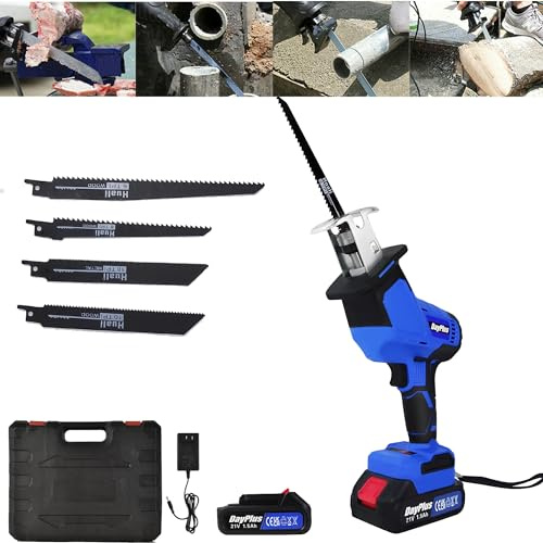 Scie sabre sans fil avec 2 batteries de 1,5 Ah et chargeur, vitesse variable 1900 tr/min, profondeur de coupe 150 mm, 4 lames pour couper le bois, le PVC, le métal