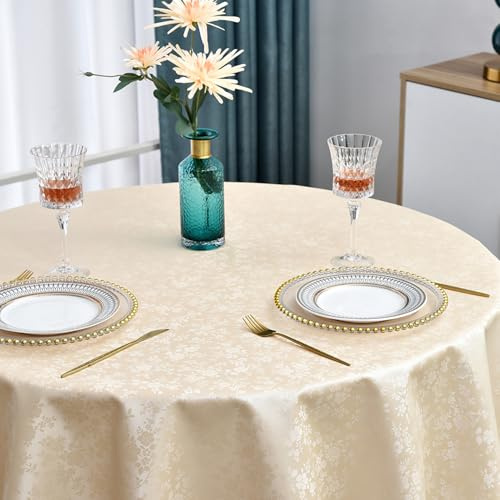 Romanstile kleine Tischdecke Outdoor wetterfest rund 120 Wachstuchtischdecke beige 350GSM Plastik Tafeldecke Tischtuch wasserdicht für Ostern,Frühling,Gartentisch,Couchtisch,Balkon,Wohnzimmertisch