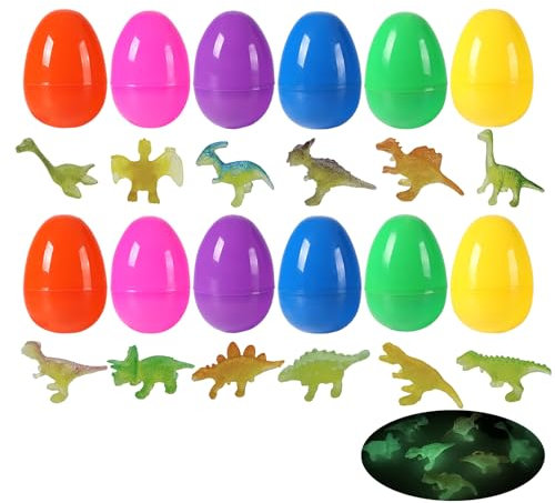 ONEINHE 12 Pcs 2.36 Easter Eggs Prefilled with 12Pcs Glow in The Dark Dinosaur, Plastic Colorful Easter Egg for Easter Egg Hunt, Basket Stuffers, Easter Party Favor, Classroom Prize Supplies