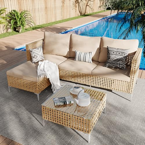 Ophelian 3-Piece L-Shaped Patio Furniture Set - Weather Resistant Wicker Sectional Sofa with Thick Cushions & Coffee Table for Small Spaces (Yellow/Beige)