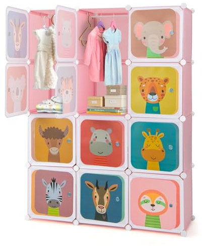 HOMFME Meuble Rangement Enfant, 109x35x145 CM, Armoire Bebe avec 12 Cubes & 2 Sections Suspendues, Rangement Jouet Enfant Motif Animaux，Armoire Chambre Bébé pour Vêtements Chaussures (Rose, 12 Cubes)