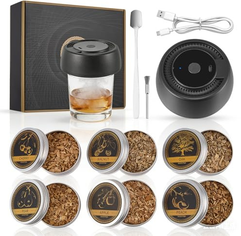Electric Cocktail Smoker Kit, Portable USB Rechargeable Electric Whiskey Smoker Set With 6 Flavors Wood Chips, Butane-Free Design, Drink Kit Gifts for Dad, Men Husband