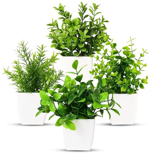 JazRvr Künstliche Pflanzen mit Topf Kleine Topfpflanze 4 Stück Kunstpflanze Grünpflanzen Dekor Plastik Pflanzen Indoor Dekor für Büro Haus Balkon Wohnzimmer Badezimmer (4, Weißer Topf)
