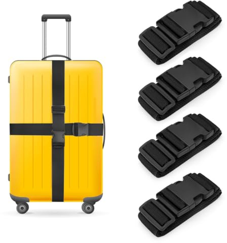 4 Stück Koffergurt Kofferband Set, Einstellbare Kofferband mit 4 Stück Kofferanhänger Koffer Gepäckgurte mit Feste Schnalle & Namensschild verstellbare Koffergurte (Schwarz)