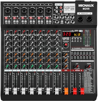 MICNAUX Audio Mixer 8 Channel Professional Sound Console Music Mixer with 320 DSP Effects, 7-band EQ DJ Mixing Board w/USB, Bluetooth, 48V Power Supply, PAD Button for Recording Karaoke PA Drum Live