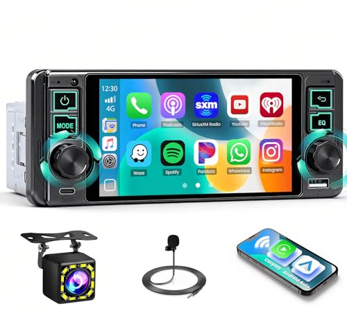 Roinvou Autoradio 1 DIN avec Carplay Android Auto sans Fil et Écran 5.1 Pouces, Autoradio 1 DIN avec FM Bluetooth, GPS/Navigation, EQ, Interface, Mirror Link USB/Type-C, Caméra de Recul et SWC