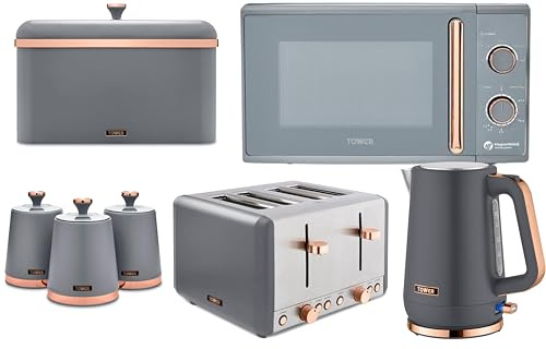 Tower Cavaletto Grey 7 Piece Kitchen Appliance & Storage Set – 1.7L Jug Kettle, 4 Slice Toaster, 800W 20L Microwave, Bread Bin & 3 Canisters. Contemporary Matching Bundle Set with Rose Gold Accents