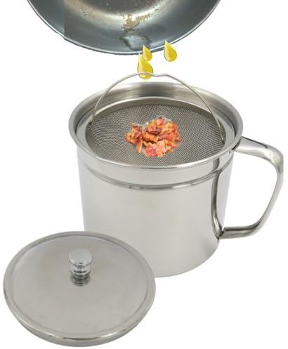 Evelots Cooking Oil Storage Can-Bacon Grease Keeper-Stainless Mesh Strainer-Easy Grip Handle-Large 5 Cup Fat Storage