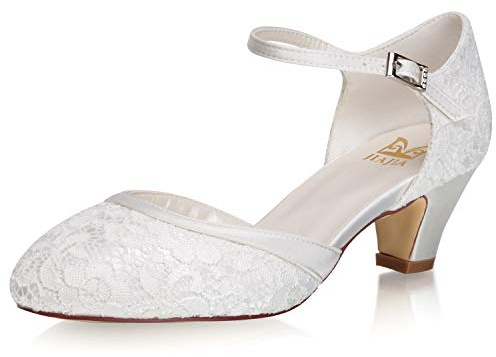 JIAJIA 8963 Scarpe da Sposa in Memory Foam da Donna Punta Chiusa 5cm Tacco Basso Scarpe a Punta in Raso Décolleté Scarpe da Sposa Colore Avorio, Taglia 39 EU