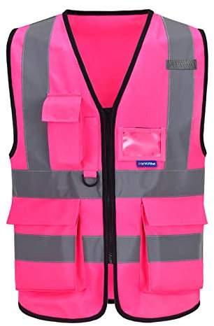 A-SAFETY Warnweste mit 7 Taschen, mit Reißverschluss vorne, mit reflektierenden Streifen, mehrere Farben erhältlich, Rosa, 4XL-5XL