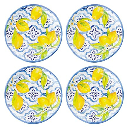 UPware Lovely Lemons Melamine Round Dessert Plates, Small Serving Plates, for Appetizer, Snacks, and Side Dishes, Blue and Yellow, 6 Inch, Set of 4