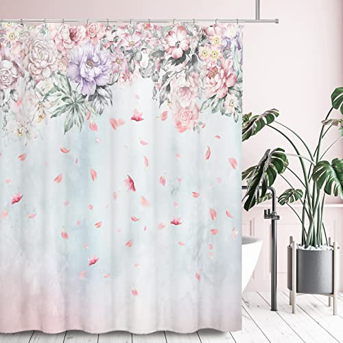 Tititex Pink Roses Lilac Flower Shower Curtain Sets, Falling Blush Blossoming Floral Bathroom Decorative 70x70 Inch Polyester Waterproof Fabric Bathroom Curtain with Hooks