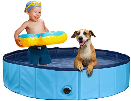 Stabiler Hundepool | Planschbecken für Hunde | Faltbarer Pool mit Ablassventil | rutschfeste Badewanne | Bällebad Kinder | Bälle Bad inkl. Badebürste & Reparaturset - Dog Pool 120x30 (Blue)