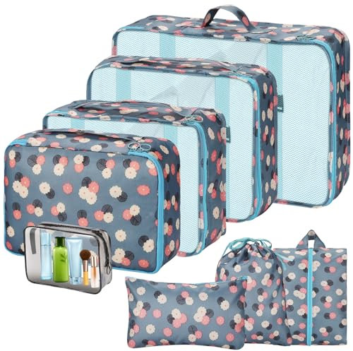 Sarsumir Koffer Organizer Set Packing Cubes, 8 Stück Reise Packwürfel Kofferorganizer Compression Packtaschen für Koffer mit Wasserdicht Schuhbeutel Kleidertaschen, Blaue Blumen