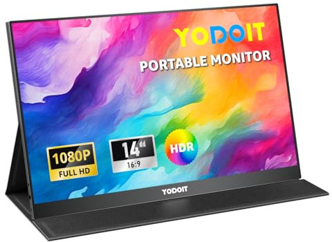 Yodoit Tragbarer Monitor 14 Zoll 1920 × 1080 FHD Bildschirm IPS Display mit USB Typ C eingebauten Lautsprechern Monitor für PC, Laptop, MacBook, Xbox, PS 3/4/5, Switch und TV