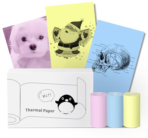 T02 Thermopapier Gelb/Rosa/Blau (3 Rollen) – 53mm x 5m Selbstklebend | Kompatibel mit T02/M02X/M02L & Memoking T02 Mini Drucker, für Journal, Hobby, Küche​