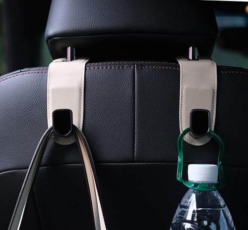 Qirc Auto-Haken, 2 Stück, Leder, Taschenhaken, Universal-Auto-Rücksitz-Kopfstützen-Aufhänger zum Aufhängen von Taschen, Handtaschen, Einkaufstaschen (beige)
