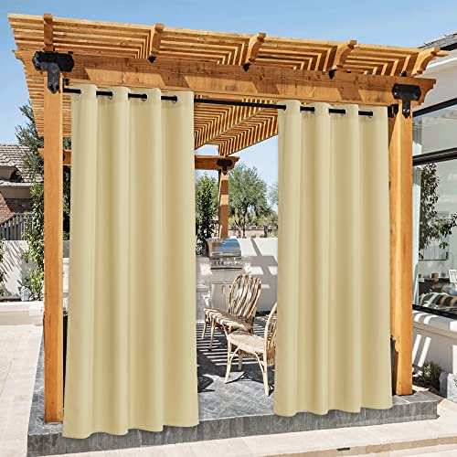PONY DANCE 2er Set Outdoorvorhänge mit Ösen Terrasse Vorhänge Sonnenschutz & Sichtschutz Outdoor Vorhang Wetterfest Outdoor Gardinen für Pavillon/Balkon, H 213 x B 140 cm, Beige