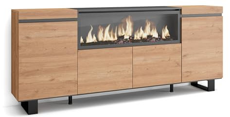 Skraut Home | Aparadores para salón | Gran Capacidad de almacenaje | 210 | 4 Puertas | Chimenea eléctrica XXL | Diseño Industrial | Estilo Moderno | Roble