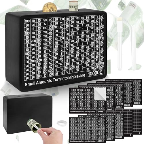 Homgaty Money Box Wooden,Savings Box Black,Cash Saving Box for Notes with Counter,Money Counter for Adults Men Women 500/800/1000/2000/3000/40000/5000/10000/DIY Target Stickers