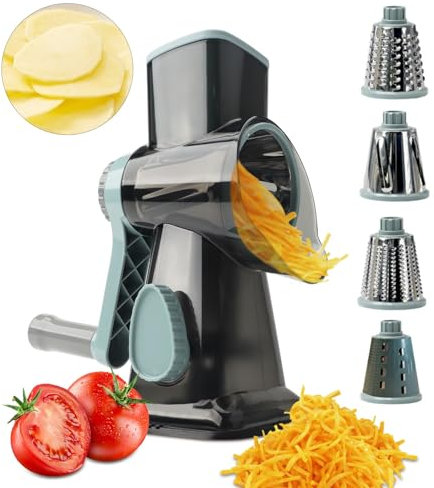 Rallador de queso giratorio con mango – Cortador de verduras Rallador de queso para cocina, 4 cuchillas intercambiables para queso, patata, calabacín, nueces, chocolate, azul transparente