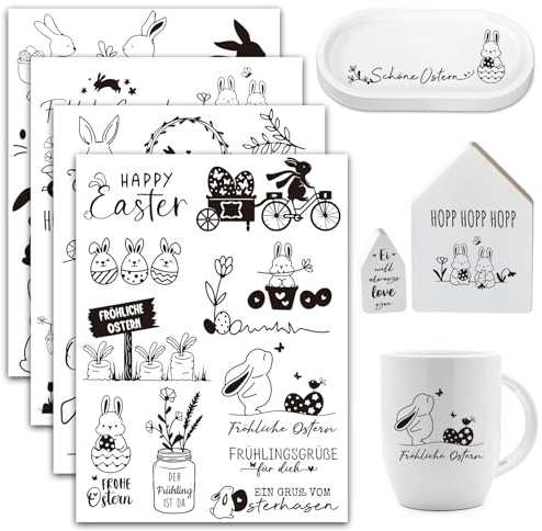 BOOMTOP 4 Rub On Sticker Ostern Transferaufkleber Selbstklebend Frohe Ostern Sticker Ostereier Osterhasen Aufkleber Rub On Folie Frühling Ostergrüße Rub Ons Sprüche für Glas Holz Möbel Keramik