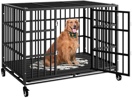 HMHTCT 48 Inch Heavy Duty Dog Crate with Wheels,Indestructible Escape-Proof Dog Kennel with Locking Latch and Double Door,Extra Large XL XXL Crate Indoor for Large and Medium Dog with Removable Tray