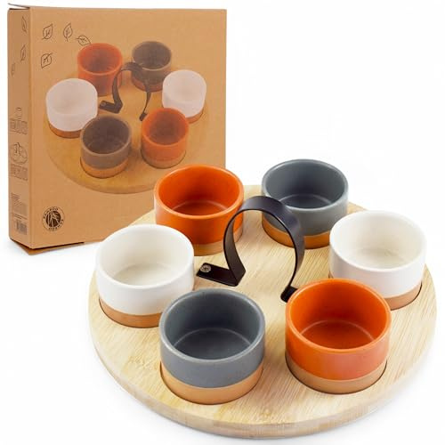 MIJOMA 7-teiliges Servierset – Rundes Bambusholzbrett mit 6 Keramikschalen – Ideal für Tapas, Dips, Käse & Snacks – Moderne Tischdekoration