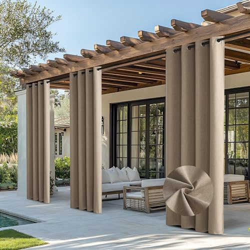 NICETOWN Outdoor Curtains for Patio Waterproof, Thermal Insulated Linen Textured 100% Blackout Outside Drapes for Gazebo, Privacy Sun Shades for Indoor, Bathroom, W52 x L84 Inch, Taupe, 2 Panels