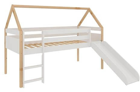 Buyqualia - Cama Infantil Estilo casita con Tobogán y Escalera - Madera Maciza - 45x195x97 cm (Blanco y Madera)