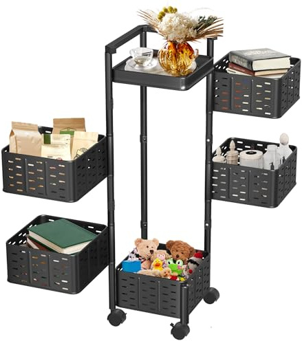 Suusolny Universal Regal Küchenwagen mit 360° Rädern Rollwagen Obstwagen Drehbares Küchenregal aus Kohlenstoffstahl Aufbewahrungsbehälter für Küche Büro Wohnzimmer - Quadrat - 5 Ebenen - Schwarz