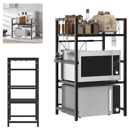AutoBaBa Adjustable Microwave Shelf with 6 Hooks Multi Tier Stand for Air Fryer Printer and More Compact Countertop Bakers Rack Storage Solution