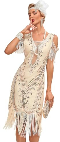 Viloree Femme Flapper 1920s Robe Soirée Longue Paillette Perlée Gatsby Robe Élégante Beige M