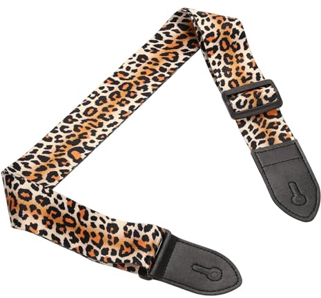 sourcing map Gitarrengurt, Baumwollgewebe, Leder-Enden, Vintage-Stickerei, 5,1 cm breit, verstellbare Gurte mit schwarzer Kunststoffschnalle für Akustik-, Elektro-, Bassgitarren, Orange Leopard