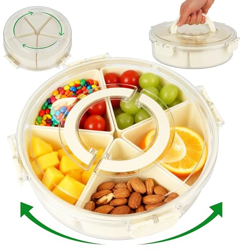 Snackbox mit Fächern, Drehbar Box für Süßigkeiten, Rund Snackbox Drehbar mit Deckel und Griff, Snackdose Organizer, Snackteller, Snacktablett, Tragbare Snackdose Organizer für Obst Keksen Nüsse