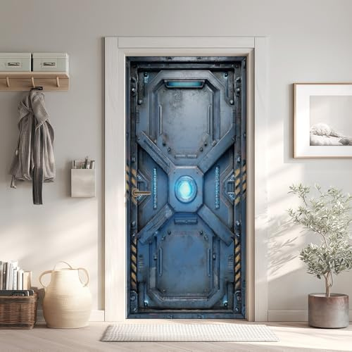 Futuristische Türaufkleber, Sci-Fi Türfolie Selbstklebende Fototapete 85x200 cm, Metal Korridor Türposter Abnehmbar Türfolie PVC Für Tür Schlafzimmer Badezimmer Türaufkleber