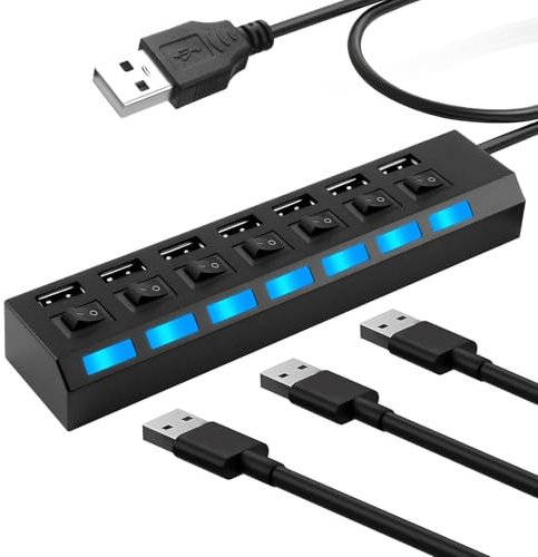 Tragbarer USB Verteiler, USB Hubs mit 7 Ports und Einzelnen LED Schaltern, Hi Speed Hub mit Netzteil für Laptop, PC, für MacBook und Weitere Geräte, Tragbar und Praktisch