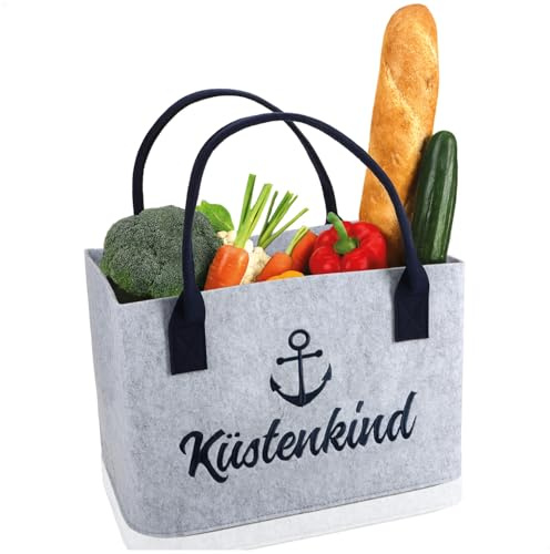 com-four® Filz-Shopper mit Henkel, faltbarer Aufbewahrungskorb aus Filz | Kaminholz-Tasche 40 x 26 cm - Tasche mit maritimem Spruch für Strand - Einkauf & Freizeit
