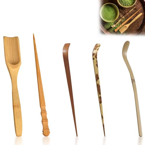 GIONAR Juego de 5 cucharas de matcha, chashaku de bambú, herramientas de té asiáticas tradicionales con cuchara de té y aguja, accesorio indispensable para matcha