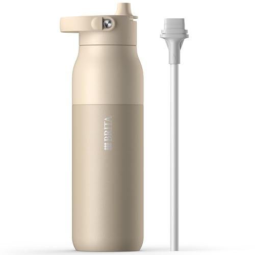 BRITA LARQ Essential Drinking Bottle with Straw Beige (1000ml) Stainless Steel Water Bottle, Double-Walled Insulation (24h Cold), with Detachable Soft-Touch Handle, Dishwasher Safe